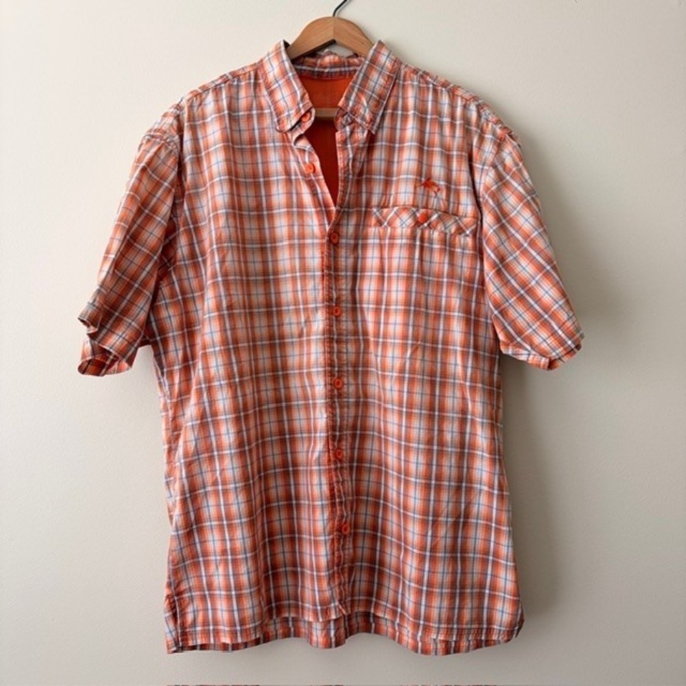 World Wide Sportsman Vented Fishing Short Sleeve Shirt Mens XL Orange Plaid
